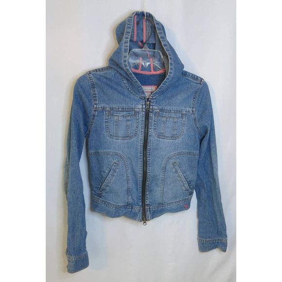 Abercrombie & Fitch Other - ABERCROMBIE Hooded Jean Jacket Size XL Girls Zipper Pockets Denim Blue